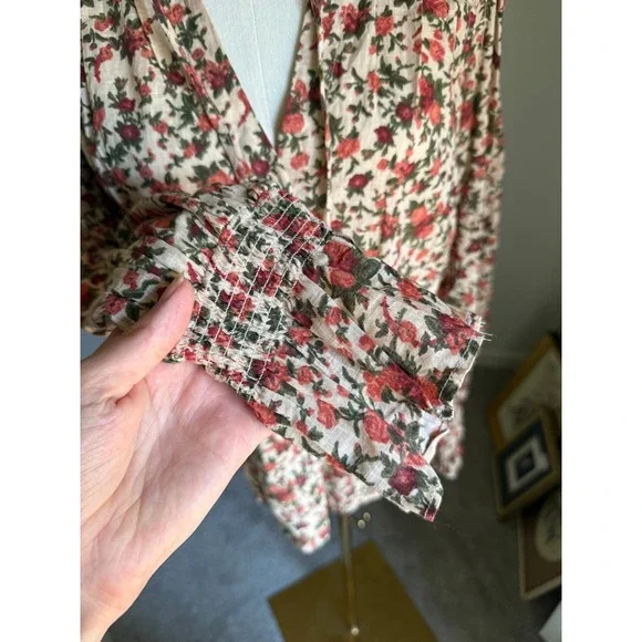 Free People Meant to Be Floral Print Blouse Top Long Sleeve Ruffle Boho Bohemian - Picture 3 of 9